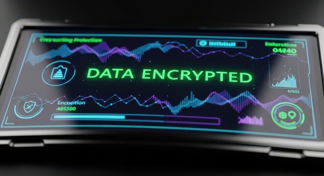 A digital screen prominently displays "DATA ENCRYPTED" with security icons and dynamic waveforms, ensuring critical information privacy.