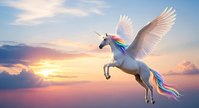 Mythical winged equine creature soars against a brilliant sunset sky