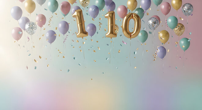 A colorful celebration scene with balloons and confetti for a 110th birthday party