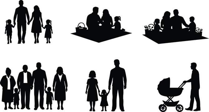 Set of family silhouettes including parents with children walking, having a picnic, multi-generational grandparents, and father pushing a baby stroller.