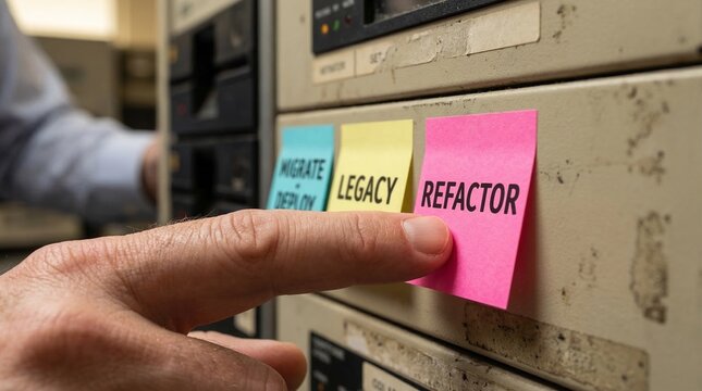 Close-up of a hand pointing to a 'REFACTOR' sticky note on old server equipment, symbolizing the critical strategic decisions in modernizing legacy IT systems and software development lifecycles
