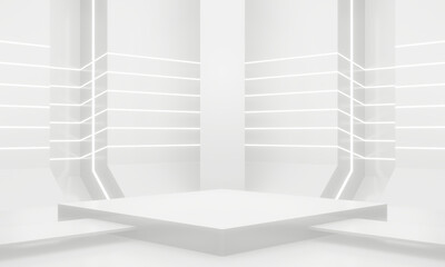 Fototapeta premium White product background. Scientific stage with white striped neon lights