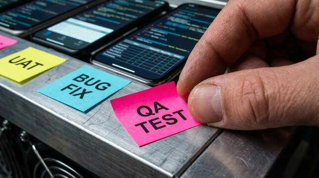 A hand places a pink sticky note labeled 'QA Test' on a rack of smartphones displaying code, signifying software quality assurance in development