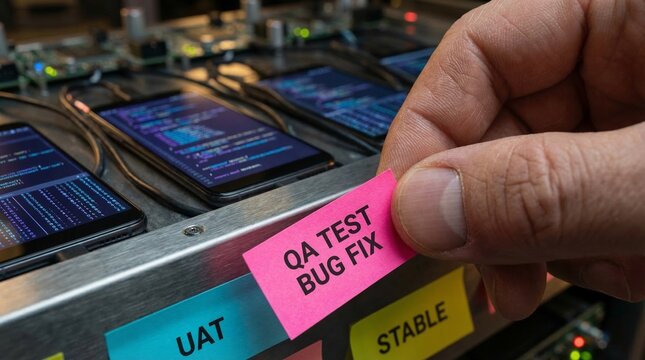 Close-up of a hand placing a QA Test Bug Fix label on a rack of smartphones being tested