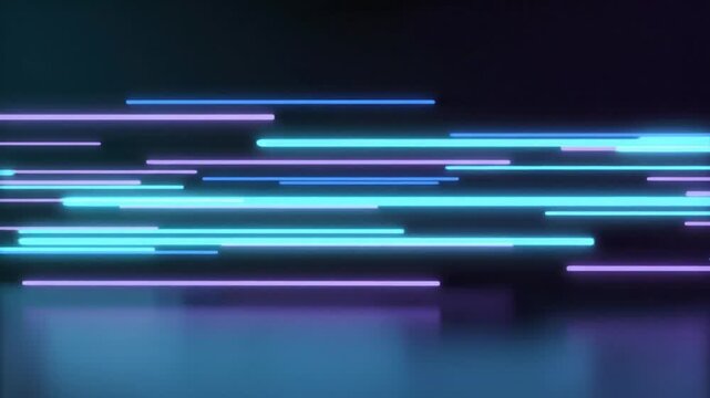 Vibrant blue and purple glowing light trails streak across a dark, reflective surface, creating a dynamic abstract background that evokes high-speed data flow and futuristic digital landscapes