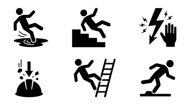 A clean set of workplace safety hazard icons featuring common industrial accidents such as falls, electric shocks, and falling objects. Ideal for safety manuals, signage, training materials.