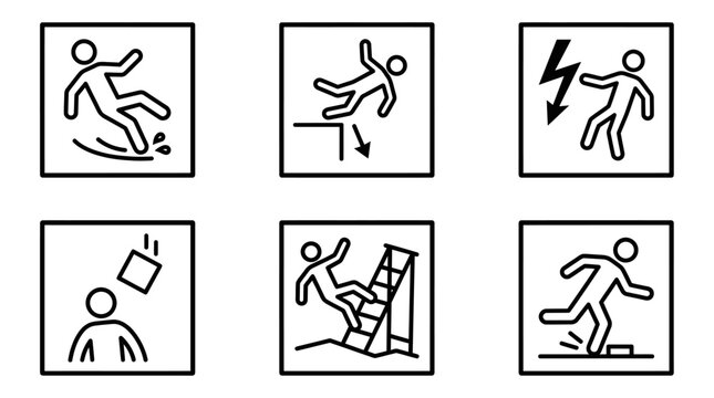 A clean set of workplace safety hazard icons featuring common industrial accidents such as falls, electric shocks, and falling objects. Ideal for safety manuals, signage, training materials.