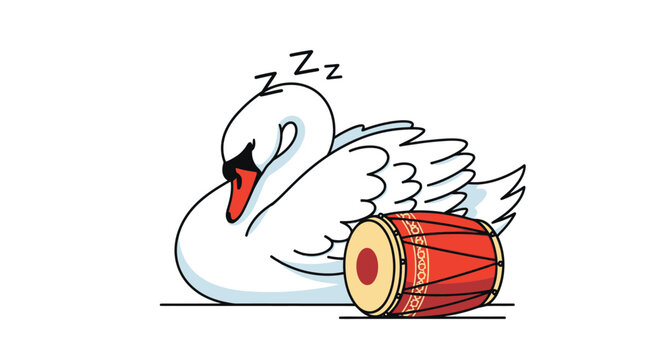 Sleeping Swan Resting on a Drum Illustration.
