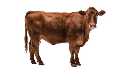 Brown cow standing full body, facing the camera, isolated on a transparent background, ideal for farm animal and agricultural designs PNG