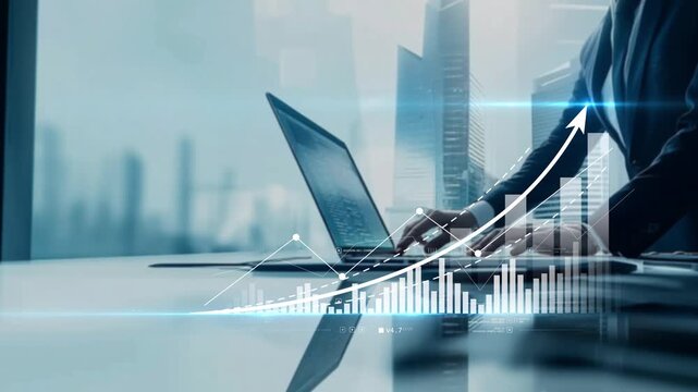 Professional working at a computer while a dynamic upward chart builds on screen, illustrating positive trends, business performance, financial development and data-driven decision making.
