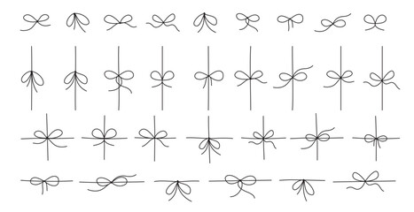 Obraz premium Coquette hand drawn wedding bow set in simple white line. Romantic lace ribbon knot appears as cute girly ornament and vintage love decor. Elegant curly bow element suits card or invite and minimal