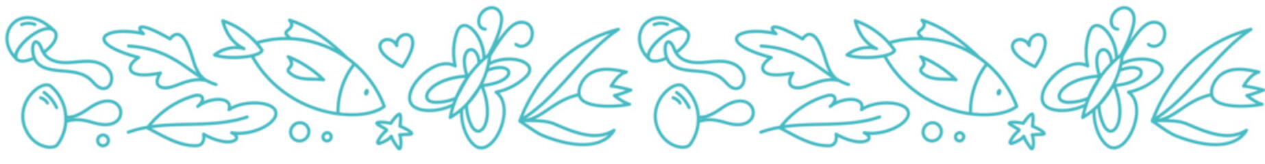 Seamless adventure border in sketch and line style with animal and river through nature pattern. Doodle travel motif in camp theme, unique outline for outdoor trip adventure backgrounds. © moonnoon