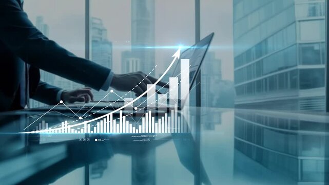 Close-up of a professional working on a computer as a growth chart forms on screen, highlighting business success, financial progress and data-driven performance analysis.