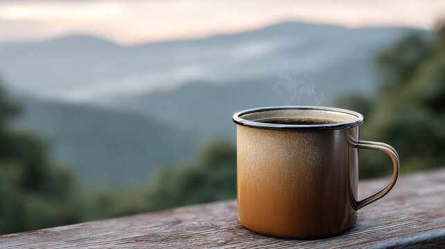 A steaming cup of coffee on a wooden deck overlooking a serene mountain landscape at sunrise