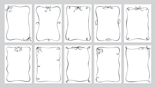 Whimsical french bow card frame set. Romantic curly ribbon border as white wedding invite. Minimalist black doodle frame as cute vintage decoration, trendy love menu or classic party template