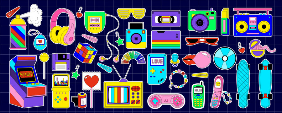 Y2k cute retro cartoon sticker set in flat pop style. Fun stickers as 90s and 2000s elements with tv, cassette, and game add vibrant charm. Modern bundle of sticker graphics for playful