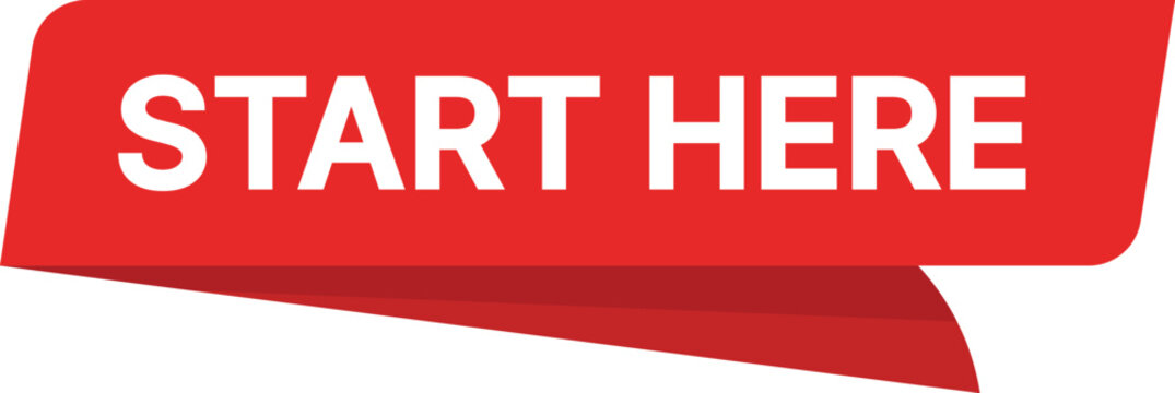 Red banner with white text start here and layered red shapes start