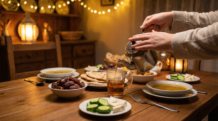 Fototapeta premium A cozy evening meal setting adorned with warm lights and festive decorations, featuring traditional dishes, dates, and a person pouring tea for a beautiful celebration