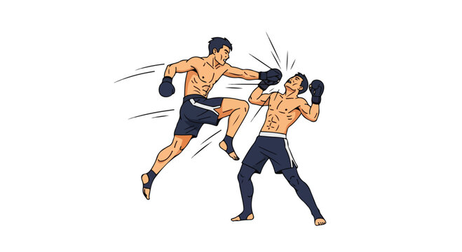 Illustration of two shirtless men practicing kickboxing with motion lines on a white background