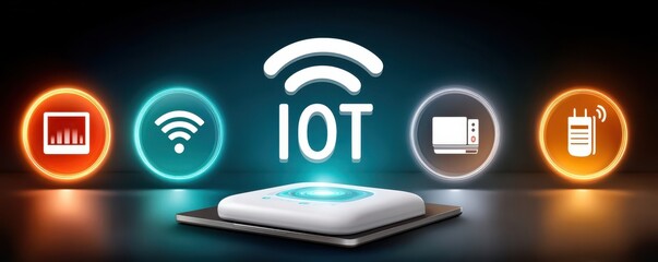 Naklejka premium IoT devices on a wooden desk with laptops, speakers, and router illustrating connected technology