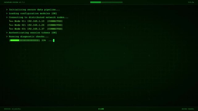 Secure Data Pipeline Initializing Distributed Network Nodes Diagnostic Screen.