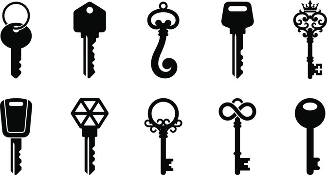 Modern and vintage key silhouettes set, house door security symbols, decorative skeleton keys collection black flat vector illustration