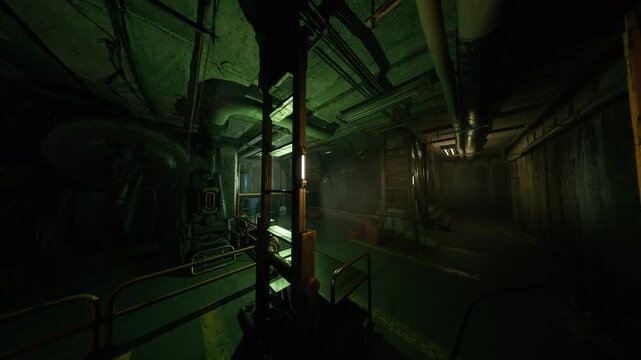 Green emergency walkway lined with pipes and rails, puddles reflecting flickering fluorescents, toolbox and safety signage near grated floor, distant exit glow
