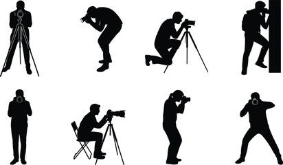 Photographer silhouettes collection with camera and tripod, professional photography poses vector set, cameraman shooting photos in different positions isolated © Thomas Crections