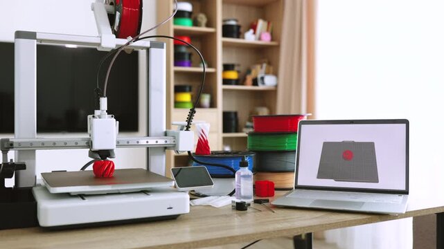 A 3D printer is actively creating a red object on its build plate, with filament spools and a laptop nearby