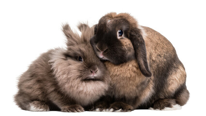 Obraz premium Two adorable fluffy brown rabbits, a Lop and an upright-eared bunny, snuggled together, isolated PNG for pet care and animal themes