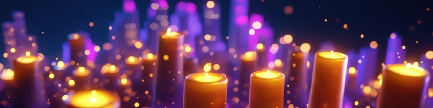 Velas encendidas con llamas c&aacute;lidas sobre un fondo m&iacute;stico de color p&uacute;rpura con efectos de luces desenfocadas y destellos m&aacute;gicos brillantes.