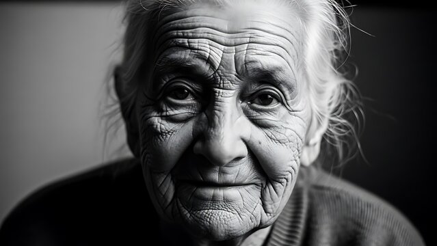 Elderly woman's deeply wrinkled face shows a lifetime of experience.