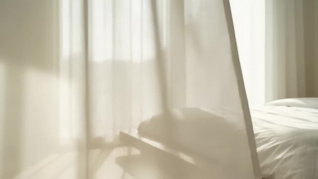 Sunlight Streaming Through Sheer Curtains Onto a Made Bed in a Bright, Minimalist Bedroom