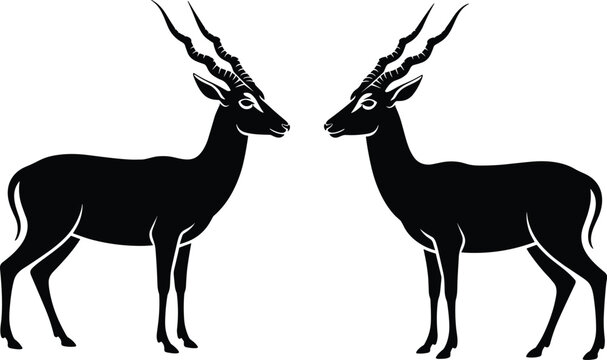 Two Antelope Silhouettes Facing Each Other with Long Curved Horns, Elegant Wildlife Vector Illustration, African Savanna Animal Design Isolated on Light Background