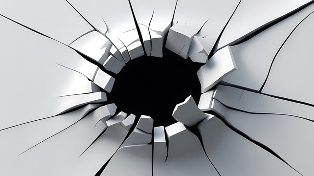 Cracked glass surface with shattered hole and broken fragments texture background