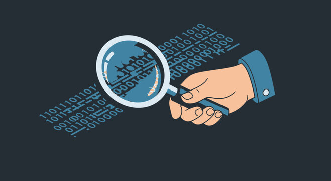 hand holding magnifying glass over binary code
