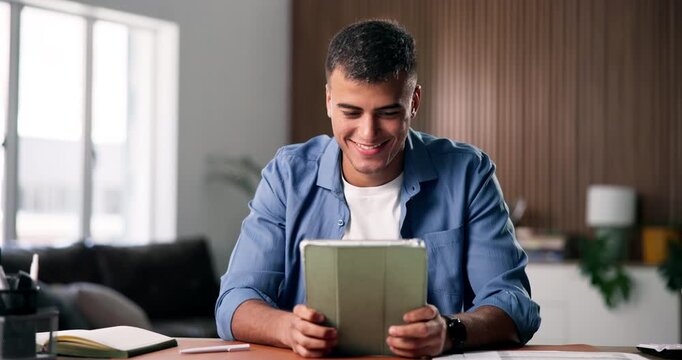 Man, research and remote work in home with tablet, browsing website or planning for news publication. Freelance writer, person and proofreading in apartment with tech, review online media or article.