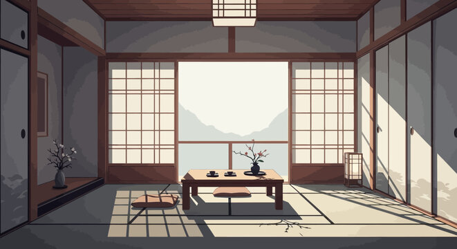 Traditional Japanese interior with tatami mat and paper sliding doors