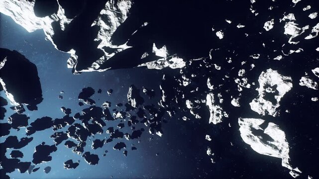 dense debris field surrounding shattered rock, remote drones scanning for salvage, metallic glints and tether lines, industrial blue lighting, sense of careful