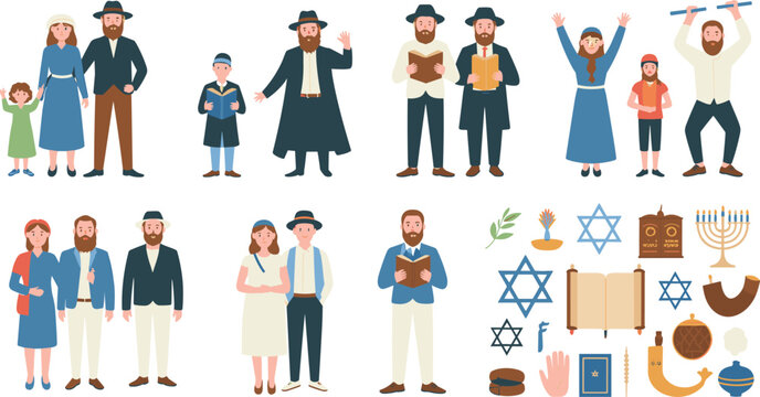 jewish people characters and religious symbols set, traditional family figures with torah menorah star david flat illustration