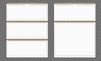 Obraz premium Realistic template for tear off or flip calendar on transparent background. Organizer sheets. Notepaper with ring binder. Pinned notepad at wall. Vector office stationeries isolated set