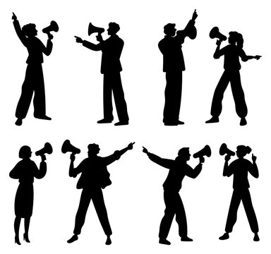 Silhouettes of men and women with megaphones arguing with each other. Furious quarrel. Angry people with loudspeakers. Misunderstanding and divorce. Shouting blames. Vector couples set
