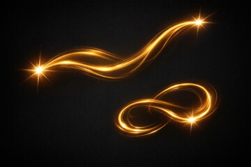Fototapeta premium Golden light trails with sparkling stars creating dynamic abstract wavy and infinity loop shapes on a dark background, ideal for futuristic designs and energy concepts.