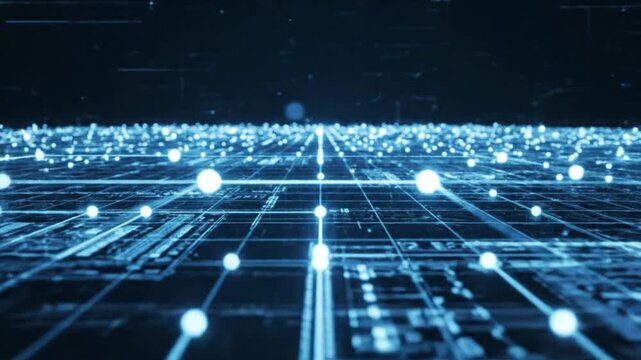 Digital technology network background 3D render with glowing blue nodes and circuit grid for banner and presentation design