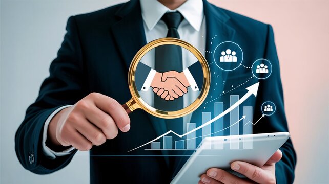 Businessman analyzing data with handshake and magnifying glass