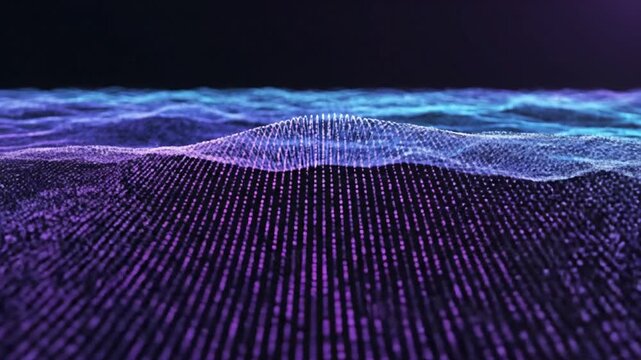 Vibrant abstract digital wave pattern crafted from glowing particles, symbolizing advanced technology, data flow, and network connectivity in a dynamic, futuristic landscape