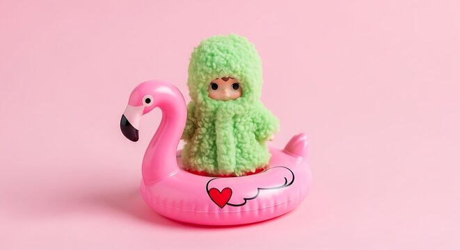  small doll dressed in a green knitted outfit sitting on a pink flamingo inflatable float