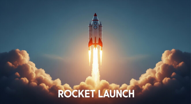 Rocket Launching into the Sky with Bright Flames and Smoke.