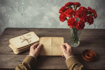 Fototapeta premium An elderly soldier is reading old military letters while sitting at a table. There is a St. George ribbon, letters, a military cap, and red carnations on a gray background.