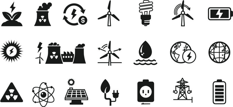 Renewable energy sustainability icons collection, solar wind hydro power vector, environmental science symbols, eco technology design elements, global energy artwork, flat vector illustration